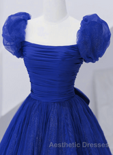 Royal Blue Scoop Tulle Short Sleeves Long Evening Prom Dresses, Royal Blue A-Line Party Dresses